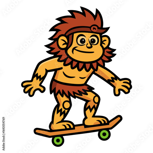 Prehistoric Caveman Riding Fossil Shaped Skateboard Vector Isolated on White