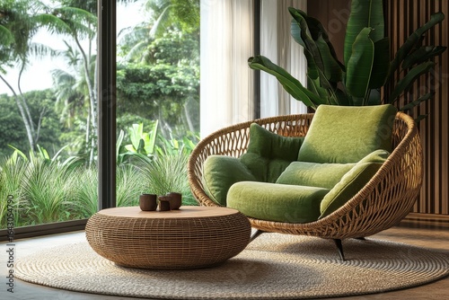 Green lounge chair and wicker round coffee table positioned in a mid-century modern living room, creating an inviting space for relaxation. 3D rendering, Generative AI