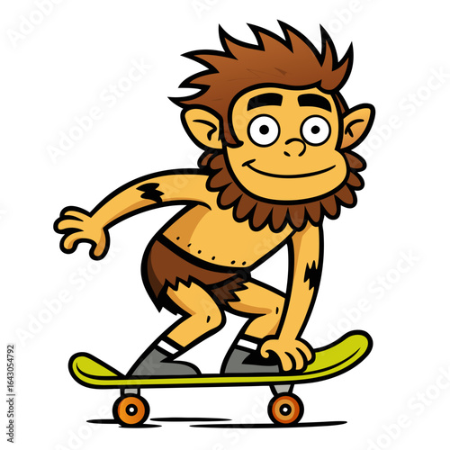 Prehistoric Caveman Riding Fossil Shaped Skateboard Vector Isolated on White