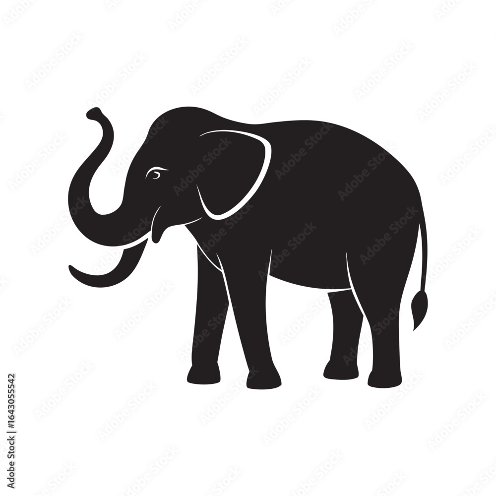 Fototapeta premium A striking black silhouette of an elephant with its trunk raised in a majestic stance against a white background