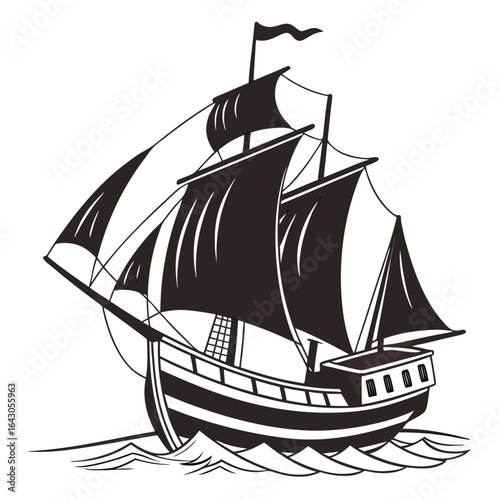 A classic black and white illustration of a majestic sailing ship with full sails navigating through choppy ocean waves