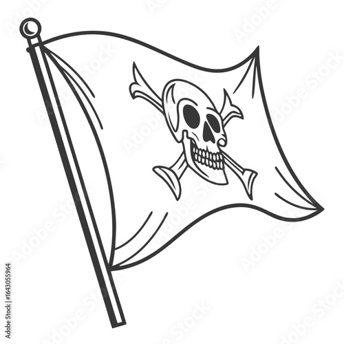 A classic black and white line drawing of a pirate flag with a skull and crossbones waving on a pole