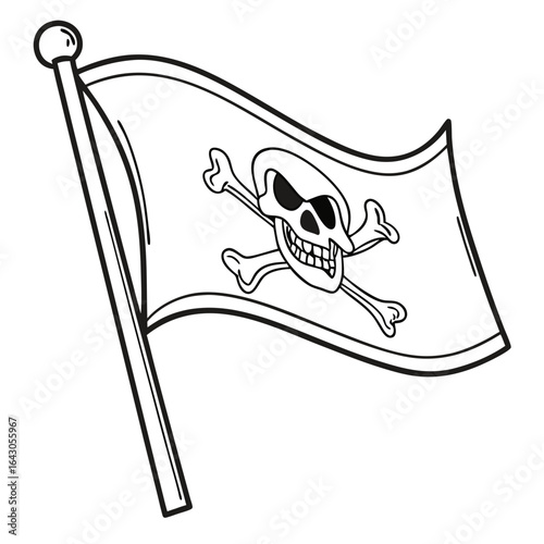 A classic black and white illustration of a pirate flag with a skull and crossbones design waving on a pole