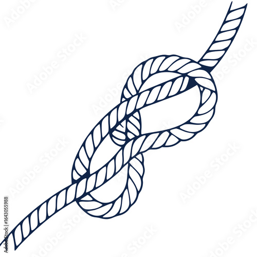 A simple hand drawn illustration of a dark blue nautical knot tied in a thick rope on a white background