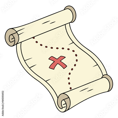 Cartoon treasure map with a red x marking the spot and a dotted line path on a rolled parchment