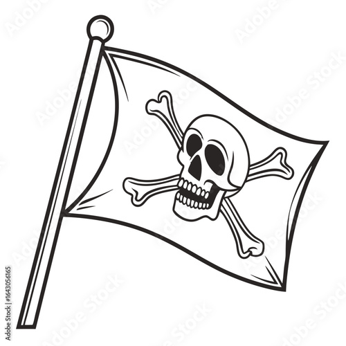 Classic jolly roger pirate flag with skull and crossbones waving on a pole against a black background