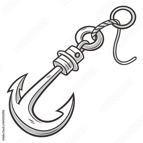 Close up of a sharp fishing hook with a swivel and line attached against a white background