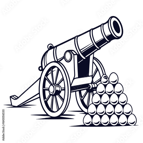 Vintage cannon with a pile of cannonballs ready for battle on a white background