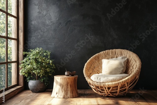 Rustic barn wood chair and tree stump table positioned against a dark stucco wall, embodying Wabi-sabi style home interior design in a modern living room. 3D rendering, Generative AI