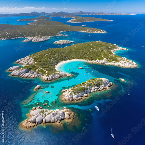 View from above, stunning aerial view of La Maddalena archipelago with Budelli, Razzoli and Santa Maia islands bathed by a turquoise and clear waters. Sardinia, Italy.