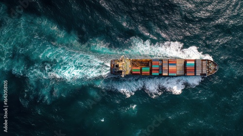 Colorful cargo containers on large freighter ship at sea from above