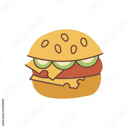 Flat Cheeseburger Drawing. Playful snack vector illustration. Burger or Hamburger Icon for restaurant, takeaway, or food blog design.
