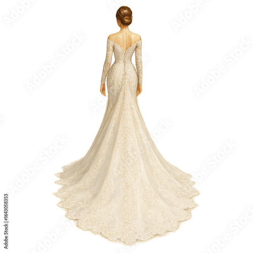 Elegant back view bride in lace wedding dress illustration