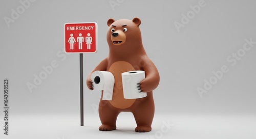 Cartoon bear holding toilet paper and public restroom sign