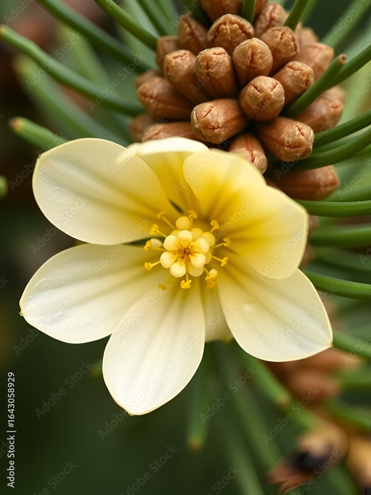 Obraz premium Blossom of Macedonian pine. Male pollen producing strobili. New male cone of Balkan pine. Pinus peuce. Yellow cluster pollen-bearing microstrobiles of white pine group, Pinus subgenus Strobus.
