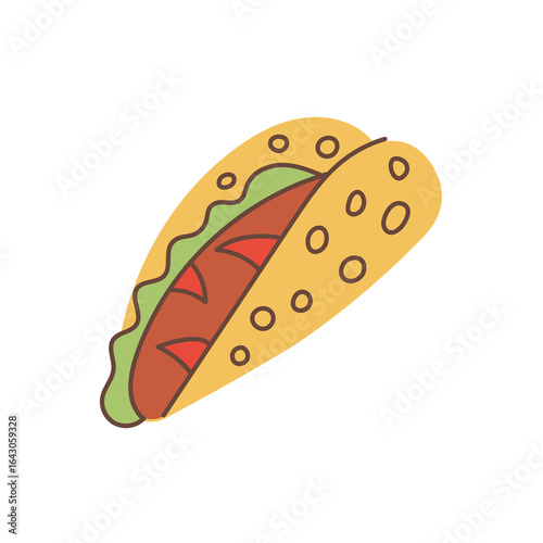 Hand drawn Taco with meat and lettuce Icon. Playful street food vector illustration for cafe branding, poster, or blog design.