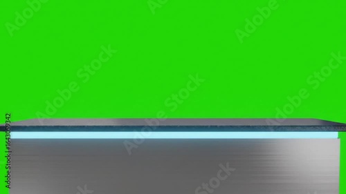 Modern futuristic news desk with a glowing blue light strip, isolated on a green screen background for virtual studio broadcasting.