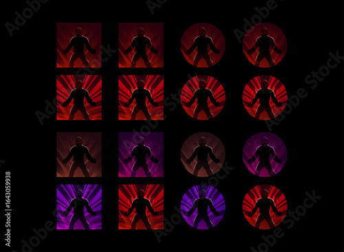 set of fantasy rpg game skills rage burst aura in red and purple color