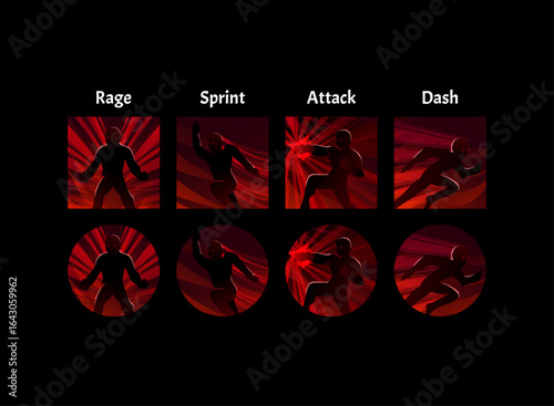 set of fantasy rpg fighting game button with rage, sprint, attack, dash icon skill spell