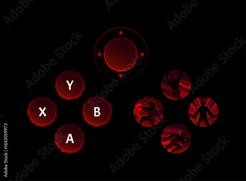 set of fantasy game combat fighting button layout pad with jump, dash, rage, attack skill icon
