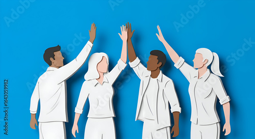 Paper cut diverse business team giving high five against a blue background art