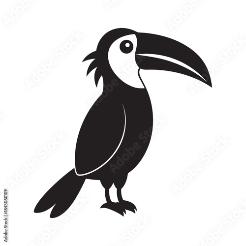 Stylized black silhouette of a toucan with a large curved beak and white accents on a white background