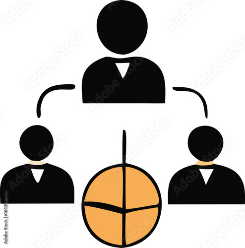 Visual representation of a hierarchical organizational structure with a central leader and two subordinates connected by lines
