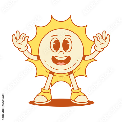Funny yellow sun cartoon character ok okay gesture contoured vector flat illustration. Cheerful playful summer sunlight vacation sunshine mascot showing alright good recommend best choice