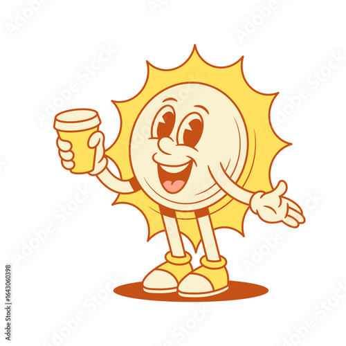 Cute smiling yellow sun cartoon character with coffee paper cup contoured vector flat illustration. Happy summer sunlight sunshine mascot with morning hot caffeine beverage positive emotion