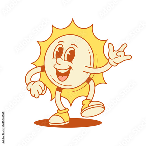 Cheerful yellow sun cartoon character rock gesture contoured vector flat illustration. Funny comic adorable summer sunlight sunshine vacation mascot having fun rejoicing positive emotion
