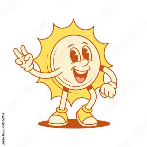Cheerful yellow sun cartoon character peace gesture contoured vector flat illustration. Smiling cute summer sunlight sunshine vacation mascot greeting hi hello having fun with positive emotion