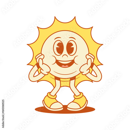 Cute adorable yellow sun cartoon character smiling surprise contoured vector flat illustration. Funny comic summer sunshine sunlight vacation mascot joyful having fun astonished with positive emotion