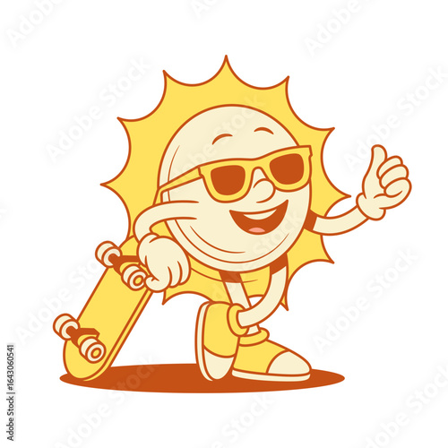 Funky yellow sun cartoon character with skateboard contoured vector flat illustration. Cheerful adorable summer sunlight sunshine vacation mascot in sunglasses board parkour trick