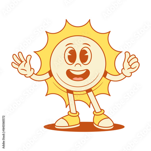 Comic yellow sun cartoon character hi hello greeting contoured vector flat illustration. Funky adorable cute summer sunlight sunshine vacation mascot waving hand welcome cool thumb up