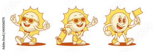 Funky smiling yellow sun cartoon character set contoured vector flat illustration. Happy cute adorable summer sunlight sunshine vacation mascot in sunglasses with skateboard and flag