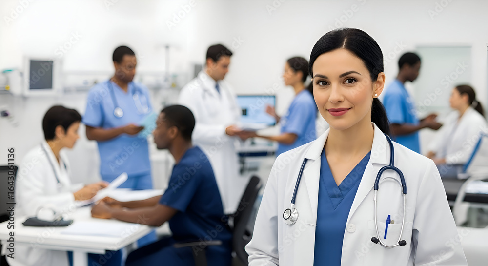 Female doctor smiling in hospital with medical professionals working in the background Female doctor smiling in hospital with medical professionals working in the background