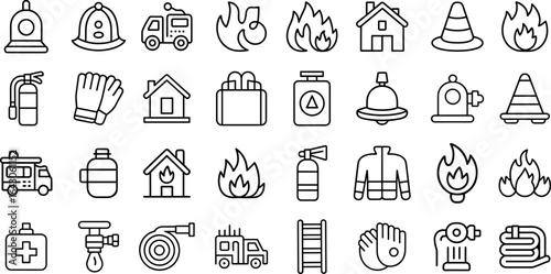 Fire safety and emergency icon set, fire, risk, flames, emergency, power, hazard, silhouette, response, gas, security and more vector illustration