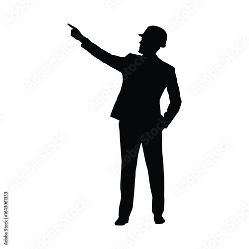 A black silhouette of an architect or engineer wearing a hard hat and suit, pointing with one arm extended forward while the other hand is in his pocket