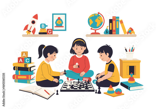 A vibrant flat illustration of three children playing chess together on the floor, surrounded by books, a globe, alphabet blocks, and a toy rocket, representing learning and strategic thinking