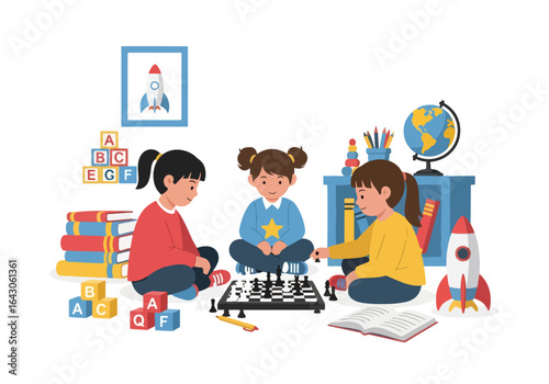 A vibrant flat illustration of three children playing chess together on the floor, surrounded by books, a globe, alphabet blocks, and a toy rocket, representing learning and strategic thinking