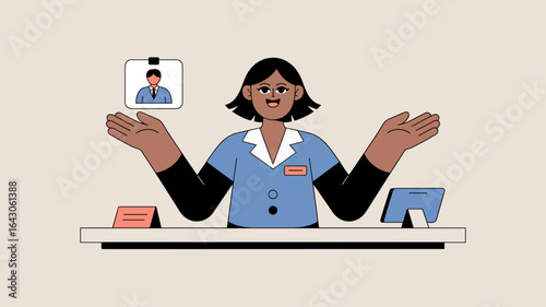 receptionist at front desk welcoming a visitor vector illustration