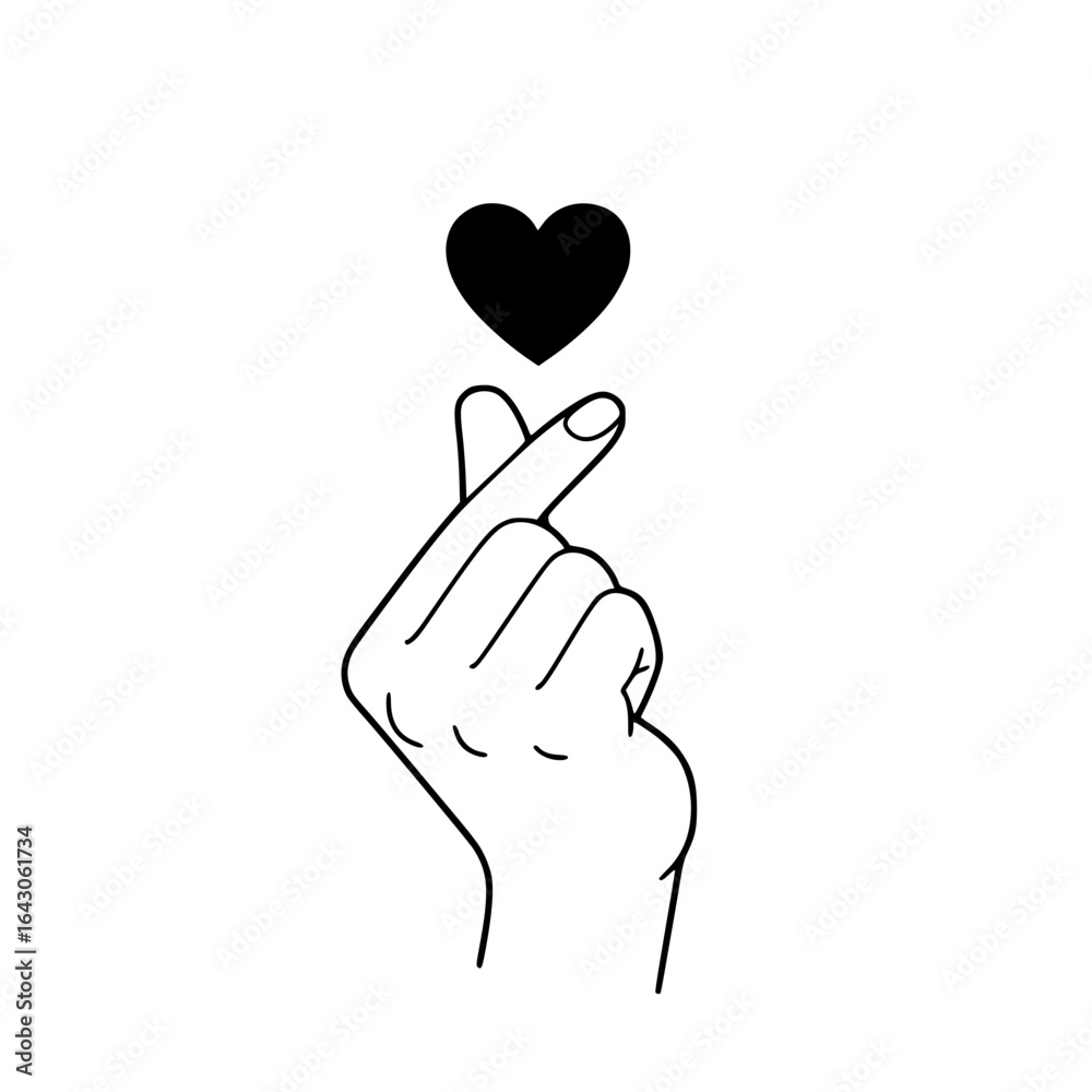 Obraz premium Hand forming Korean finger heart, simple line art, romantic gesture, black and white illustration, minimalist design, perfect for social media, Valentine's Day, love concept, affection symbol