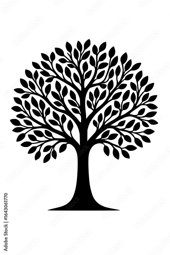 Naklejka premium Elegant Black and White Stylized Tree Silhouette, Peaceful Nature Illustration, Perfect for Eco-Friendly Branding and Design Projects.