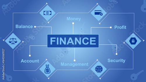 Modern finance infographic vector showing balance, money, profit, account, security, and management concepts in blue business diagram style.