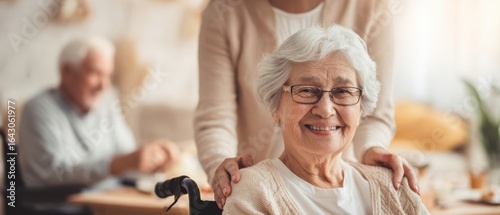 The elderly woman smiling with caregiver in a warm and comforting home setting.