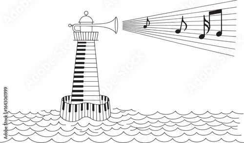 A lighthouse made of piano keys with a trumpet emitting musical notes in a black and white drawing