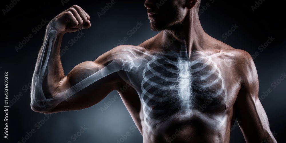 Naklejka premium A man flexing his arm with an x-ray of his strong bones and skeleton showing. Human anatomy and body strength for health care.