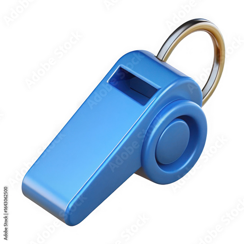 3d blue sports whistle with keychain isolated on transparent background