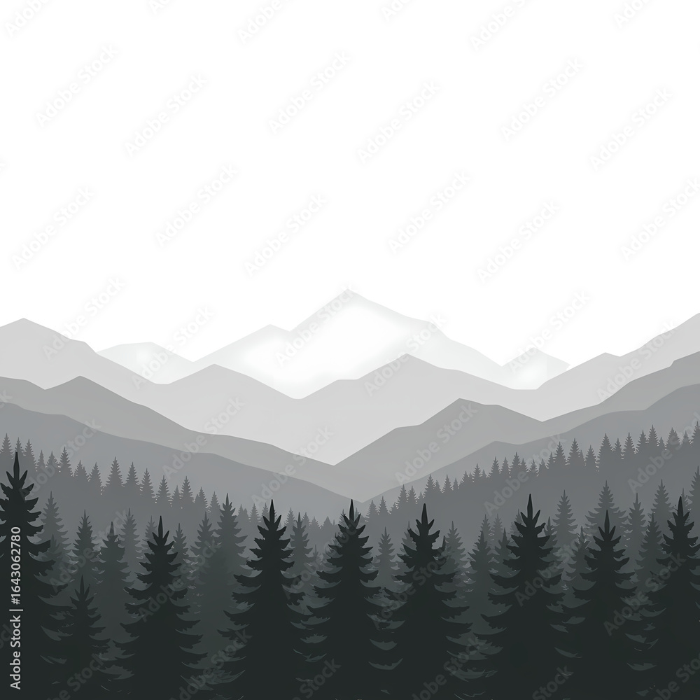 Fototapeta premium Gray Mountain Landscape with Dense Forest and Layered Hills in Monochrome Tones