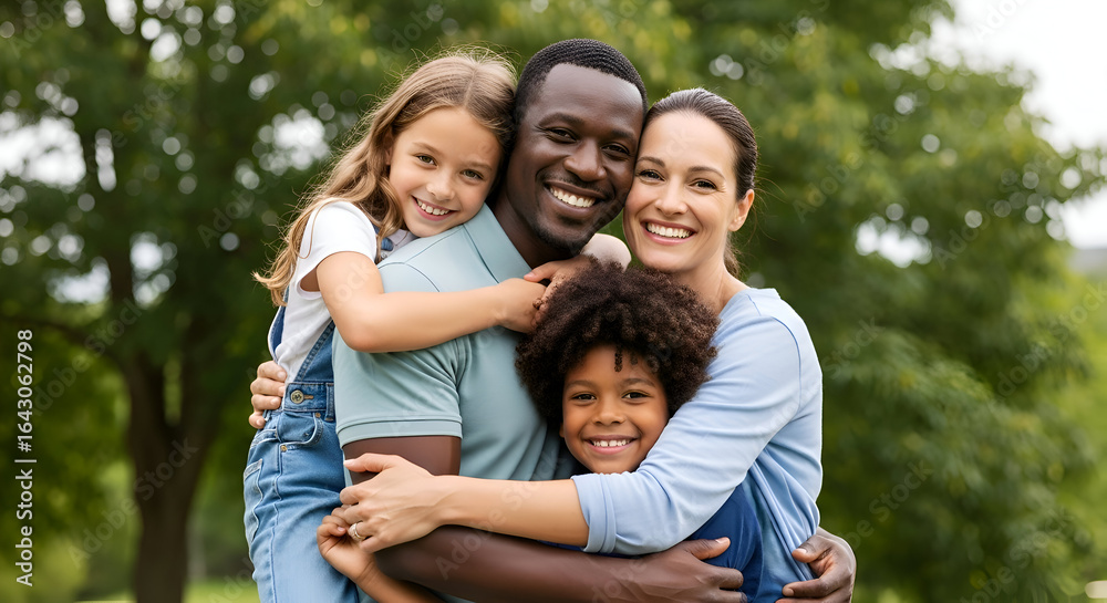 Happy multiracial family smiling and hugging outdoors in a green park setting